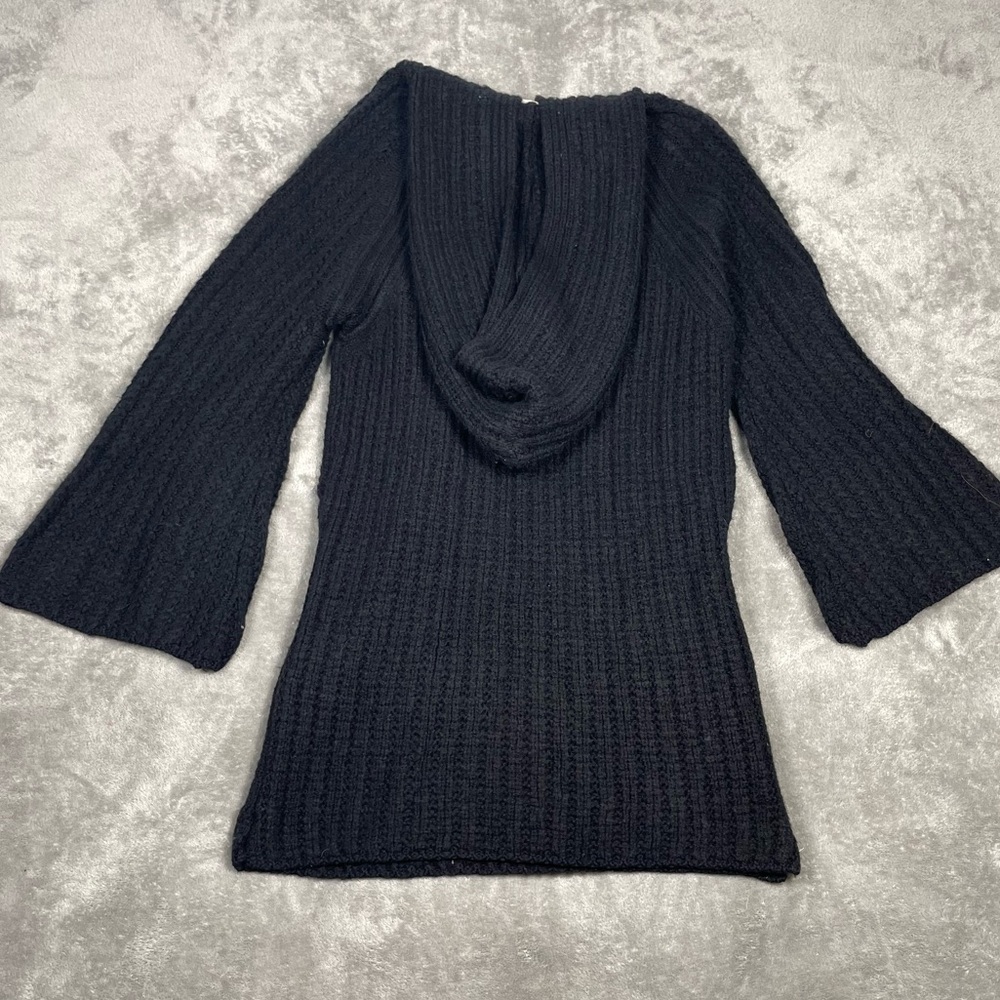 Anthropologie Sweater Women’s Sz XS Black Moth Chunky Knit Bell Sleeve Hooded - Picture 6 of 10